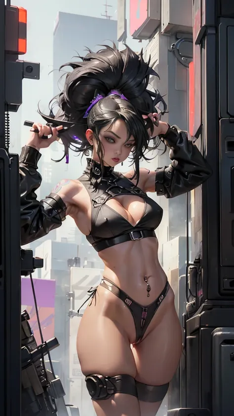 ((Best quality)), ((masterpiece)), (highly detailed:1.3), 3D, beautiful (cyberpunk:1.3), hacker woman with thick black and purple voluminous hair operating a computer terminal, (nsfw:1.3),(sexy:1.6),(sheer thong:1.8),(long breasts:1.2),(crop top:1.4),(clea...