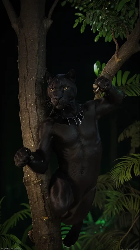 Cymotographic scene of a black panther in a tree at night in the jungle 