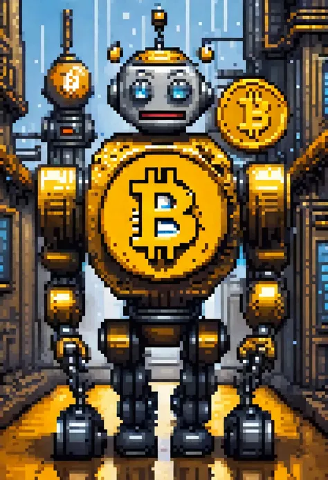 bitcoin logo, on a smiley face, round face, a robot standing by.