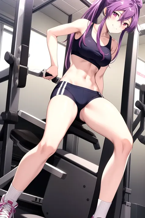 Innai Kansen - Miyama Kaori Innai Kansen - Miyama Kaori, masterpiece, best quality, a beautiful sexy woman in sports outfit posing on an exercise machine at the fitness gym, 1girl, 独奏, sports bra, breasts, navel, short shorts, midriff, wrist bands, socks, ...