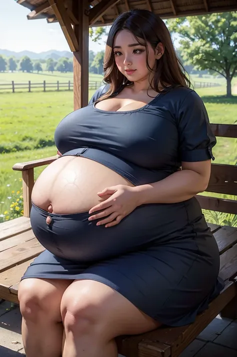 Highest quality picture, Big fat farm girl, long wavy hair, heavy make up, sweating, heavy breathing, big lips, bbw, overweight, short floral country dress, flashing protruding belly, pregnant, wide hips, countryside, sitting on a bench