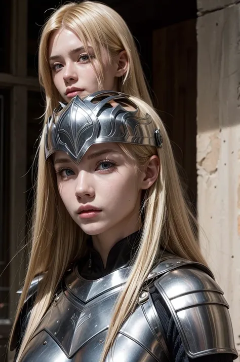 woman in armor with blonde hair and no helmet, sexy woman, beautiful evil woman, long hair