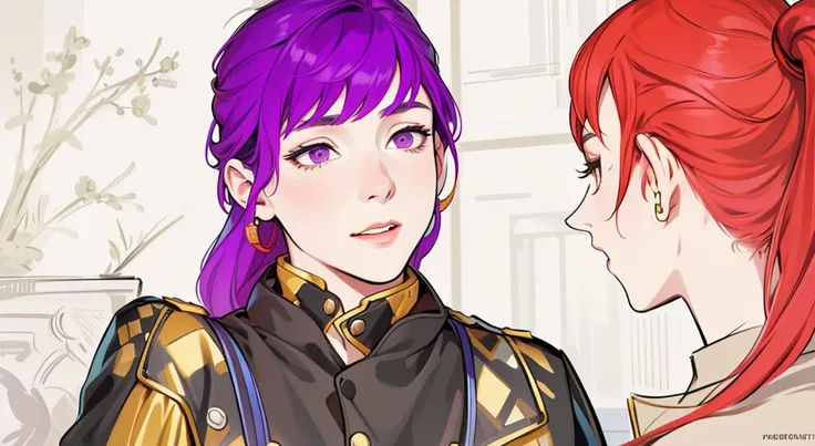 He has a black and gold jacket, pretty 17-year-old girl with violet hair, violet eyes, she is speaking with pride, pride and pride. In front of her there is a girl with red hair.