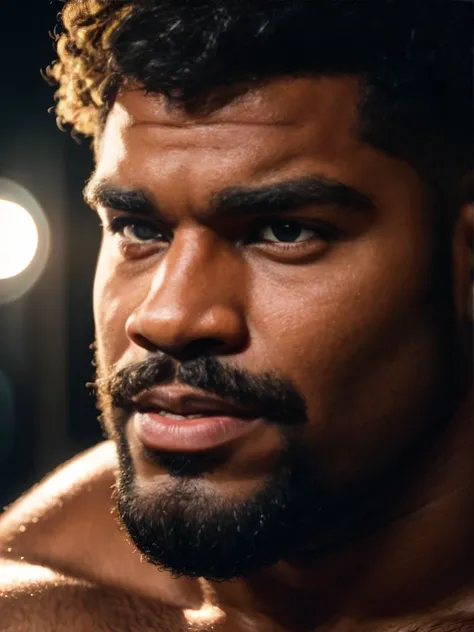 extreme close-up, close-up on face, solo, black male, 24yo strongman, confident, beefy, thick lips (curly, hairy, hirsute), romantic, handsome, (sharp focus, soft lighting, film photography, photorealistic, hyperreal),