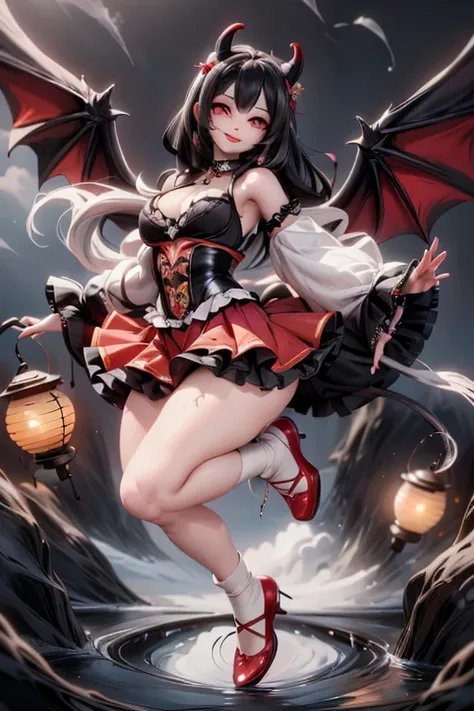  (((Full and soft breasts,)))(((Large Breasts))) (((Cleavage)))A Senorita Bonita horned demon smiling, Black feathered wings, large Black hair, Big earrings, (Red smokey eyes), (Red eyeshadow makeup), Strapless lace fabric (Crops) shirt, Fluffy bubble skir...