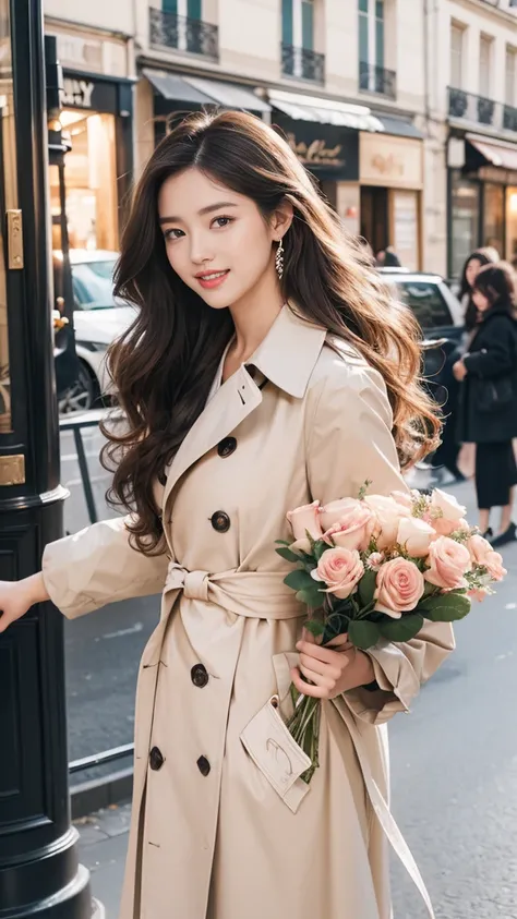 highest quality、4K、Perfect Face、Perfect Style、Sunburn、beautiful、stylish appeal、Mature、long layer curly hair、Swept-back hair、in paris 、full body, giddy smile、havin a rose bouquet 、hoop pierce、trench coat、