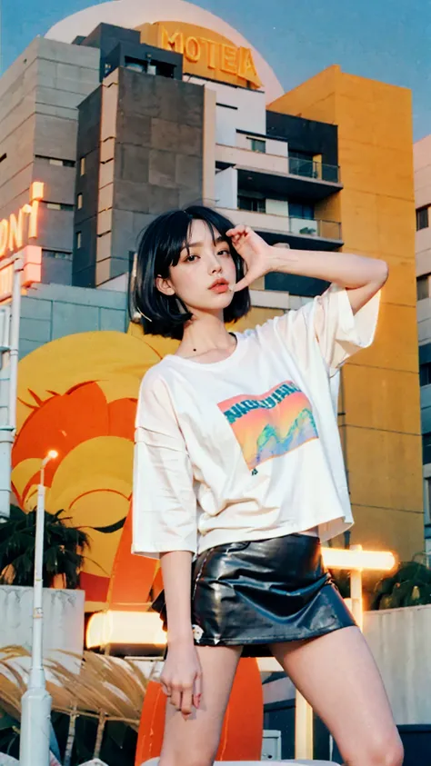 1 girl, beautiful, ((black bob hair)), almond eye, olive skin,no makeup, blank white tshirt, ((oversized_untucked tshirt)), peach tennis skirt,pose in front of ((80s architecture colorful motel)),(from below:1.2), (realistic:1.1), (surreal:1.2), (very deta...