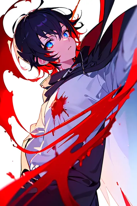 [(WHITE BACKGROUND:1.5),::5], ((((masterpiece)))), high quality, ultra very high resolution, full color, (((solo))), ((little boy)), black hair, ((red streaked hair)), blue eyes, anime, ((upper body)), neon light, black parka, (flame effect:1.2), (blood ef...