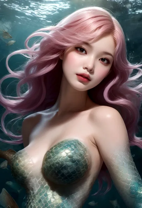 A mermaid covered entirely in a thin membrane、Highest quality、Mermaids kissing and fusing、resident evil、Horror taste、Covered by a translucent amniotic sac、Smooth clear skin and feet、born々Fresh fish fins