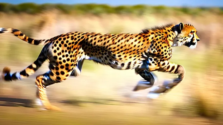 a cheetah running through the grassland, detailed fur texture, realistic anatomy, powerful muscles, high speed motion blur, dramatic lighting, vibrant green grass, golden hour lighting, cinematic composition, photorealistic, 8k, best quality, masterpiece