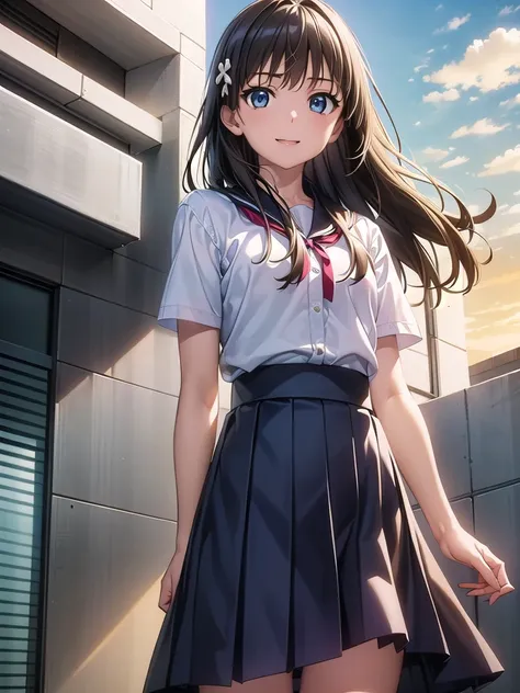 Okay, Saten Ruiko, Black Hair, blue eyes, Long Hair, hair ornaments, Floral decoration,
break セーラー服, blue skirt, pleated skirt, ((ミニskirt:1.5)), Seraphim, skirt, Summer clothes,
break outdoor, null, sun, cloud,
break looking at viewer, (Cowboy Shot:1.5),
b...