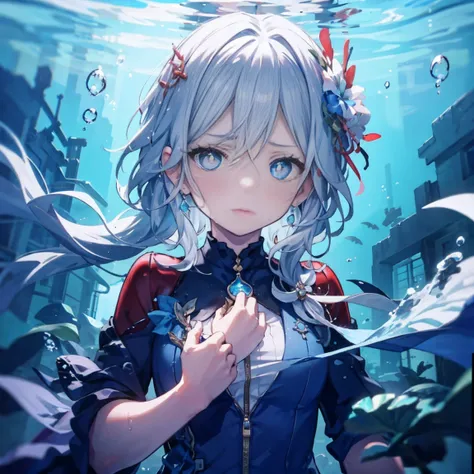 masterpiece, Highest quality, 1 Girl, cute, tear-shaped pupils, sad, cry,  Underwater, bubble, Ocean, Underwater, Abandoned City