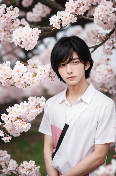 good looking　male　Black Hair　white　cherry blossoms