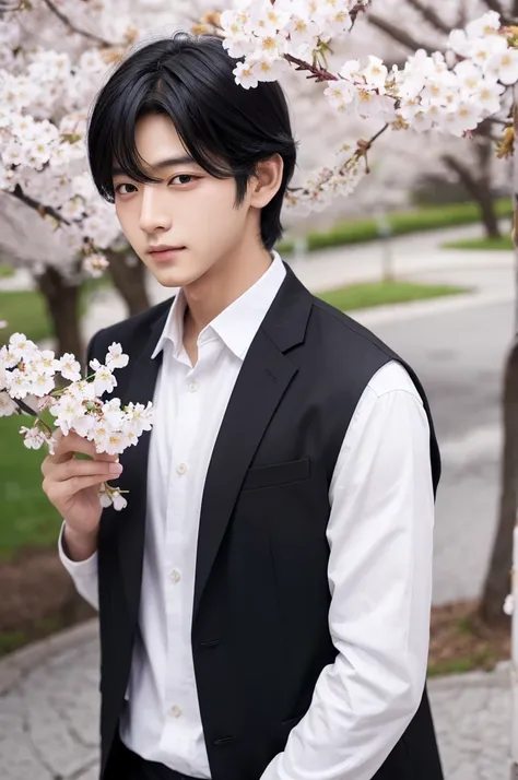 good looking　male　Black Hair　white　cherry blossoms