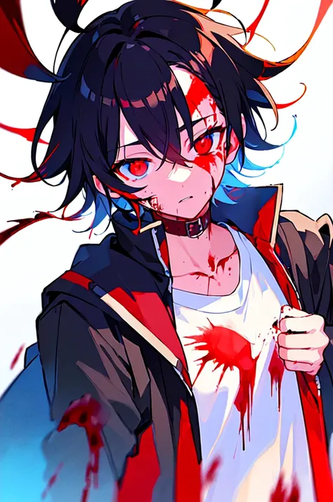 [(WHITE BACKGROUND:1.5),::5], ((((masterpiece)))), high quality, ultra very high resolution, full color, (((solo))), ((little boy)), black hair, ((red streaked hair)), blue eyes, anime, ((upper body)), neon light, black parka, (flame effect:1.2), (blood ef...