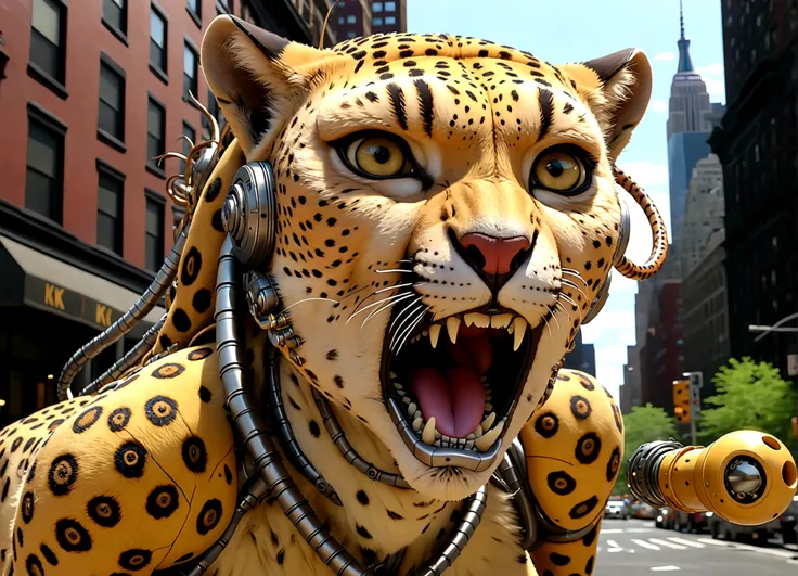 a humanoid transformer robot in cheetah mode, cheetah beast mode (curious look on face, extending many mechanical tentacle penises), restraining a startled naked woman and probing her (mouth pussy and anus) with curiosity and enthusiasm, downtown new york,...