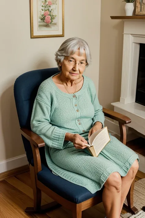 A cozy room with a grandmother sitting in a chair. Her granddaughter is sitting in front of her, reading a book.