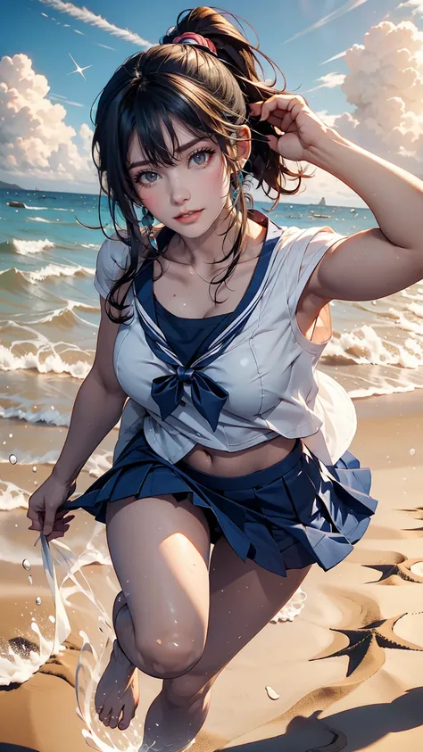 Japanese women、semi-long、Sexy proportions、high school girl、Summer sailor uniform、Navy blue mini pleated skirt、Running barefoot on the sandy beach on the Pacific coast、Footprints remain on the sand