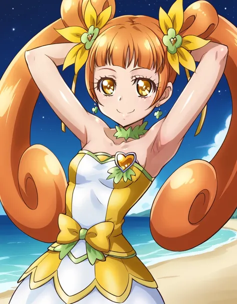 curerosetta, shiny skin,  high quality, solo, 1girl, night sky, beach, arms behind head, (contrapposto), closed mouth, spread ar...