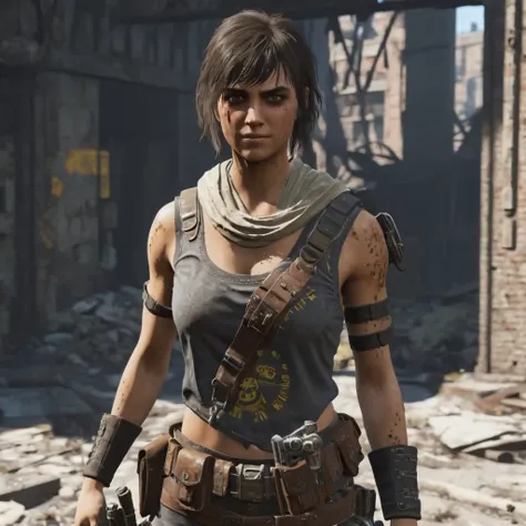 (((flat chest,  young girl , suntanned skin, muscular))), she is dressed as a post-apocalyptic scavenger, dirty torn clothing,  ...