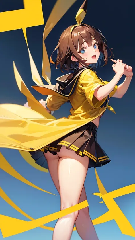 Thick Coating, young, pretty girl, Brown Hair, Short Hair,Pikachus ears, Yellow clothes, poncho,  Black skirt underneath, blue eyes,Facing forward,VTuber,Girl,whole body,upright,Arms at your sides,Looking at the front,Simple Background,1 girl,Open your mou...