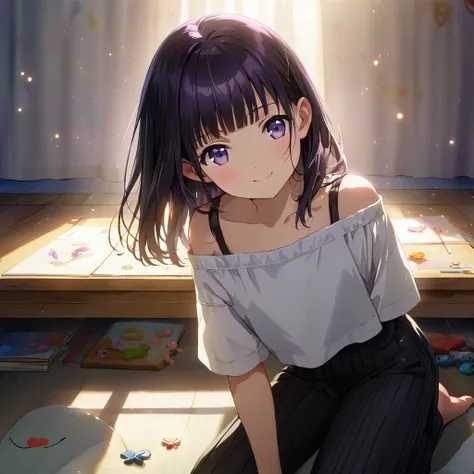 (Cute a girl:1.5), (Off-the-shoulder white plain T-shirts, black sarouel pants:1.1),(masterpiece:1.3), anime visual,  (Lovey-dovey:1.5), (tilt head:1.3), extremely delicate face, realistic lighting and shading, (an extremely delicate and beautiful art:1.3)...