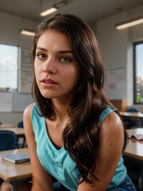 a beautiful 16 year old , detailed face, beautiful eyes, long lashes, detailed hair, , sitting in a classroom, warm lighting, ph...