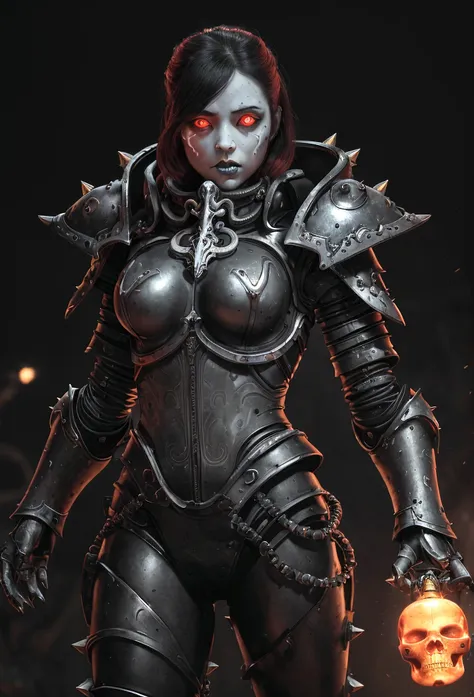 a gorgeous adepta sororitas from the movie tron, glowing skull armor, spikes, teeth, monster, dirty tentacles, pus pimples, crac...