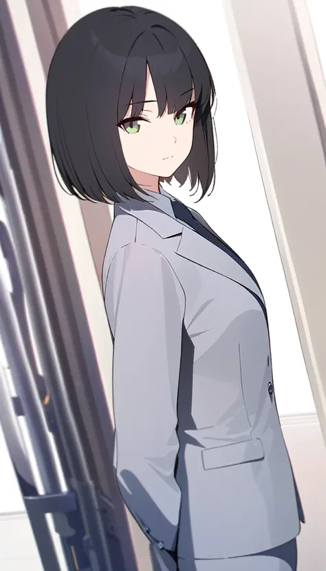 (masterpiece, high quality, best quality, highres,) One Woman, young, black hair, bob cut, Green Eyes, Athletic build, expressionless, closed mouth, office staff suit, Simple white background, standing, cowboy shot, (from the front)