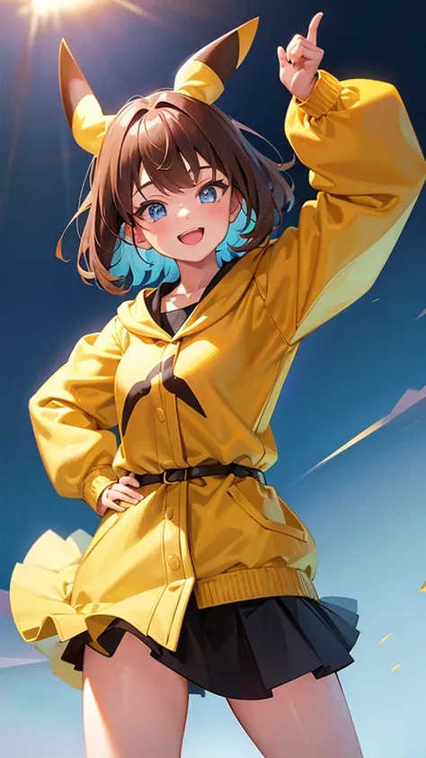 Thick Coating, young, pretty girl, Brown Hair, Short Hair,Pikachus ears, Yellow clothes, poncho,  Black skirt underneath, blue eyes,Facing forward,VTuber,Girl,whole body,upright,Arms at your sides,Looking at the front,Simple Background,1 girl,Open your mou...