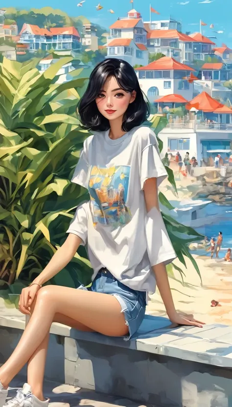 View of the seaside、T-Shirts、Summer Jeans、Beautiful black-haired girl in summer style clothes、Sitting with legs held、