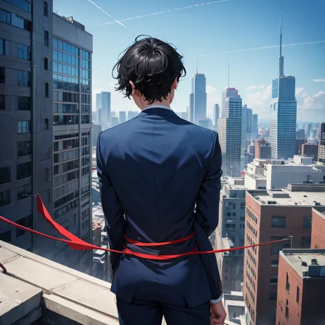 1boy, short black hair, red eyes, wearing all blue suits, on top of a building, high res, ultrasharp, 8k, masterpiece, looking at viewer from behind