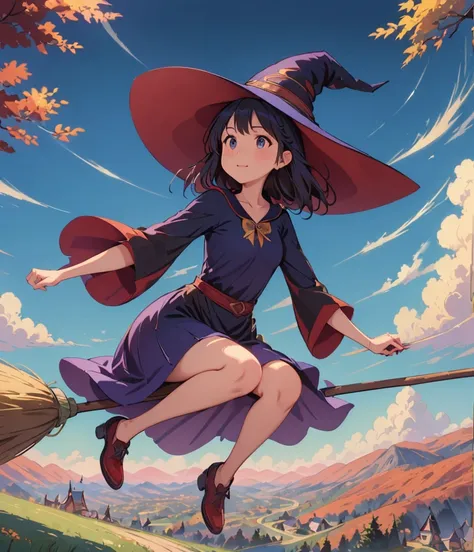 1 girl,kiki,witchの宅急便,perfect face,cute, ((((flying witch))),((ride a broom)),broom flight,straddling the broom,anatomically cor...