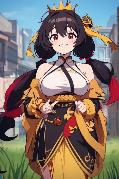 (masterpiece, Highest quality), One girl,    Yunyun,Long Hair,Braiding,Twin tails,Hair between the eyes,Red hair ribbon,hair ornaments,large round breasts,、Black Hair、Red Eyes、(Happy face:1.2)、grassland、Crown Blade,(She&#39;s only wearing a white dress:1.5...