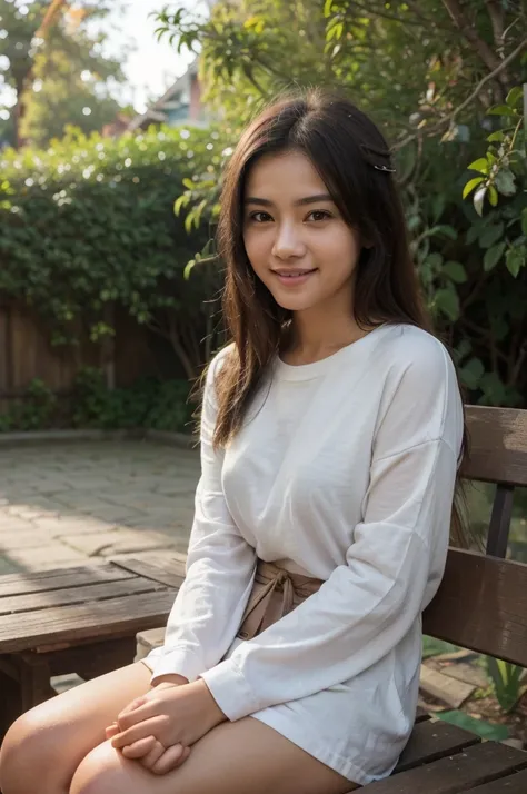 ((Best Quality, 8K, Masterpiece:)), Focus, realistic, A stunning high-resolution, vibrant photograph of 15 old young indonesian girl wear oversize long tshirt and no panties, smiling,surrounded by men, multiple men ,sexy aura, erotic mood, sitting,at outdo...