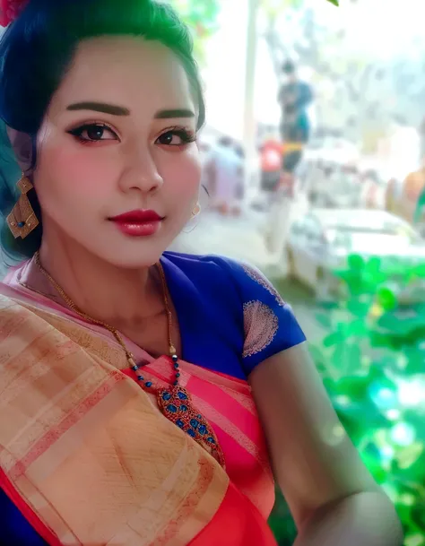 there is a woman with a blue shirt and a pink and blue sari, assamese, 30 years old woman, 3 0 years old woman, wearing bihu dress mekhela sador, assamese aesthetic, photo of a woman, devainart, with accurate face, nivanh chanthara, jayison devadas