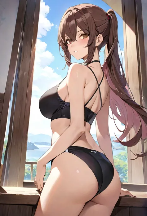 (masterpiece, Highest quality, High resolution, Super detailed, Highest quality), Detailed body, Detailed face, Blake Women, Detailed Eyes, small Smile, Tight waist, Brown ponytail hair, bikini, bedroom, leaning against the wall, from behind, kneel