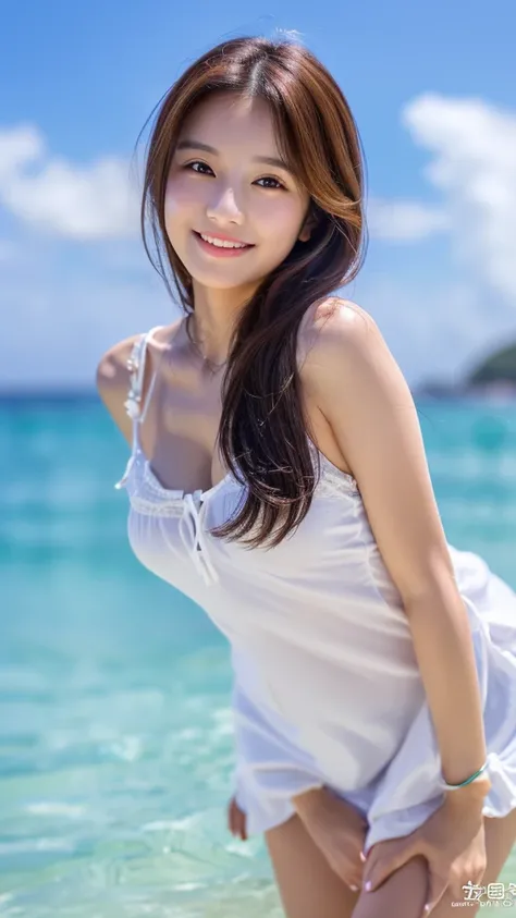 Tabletop、(Highest quality、4K、8K、High resolution、Masterpiece: 1.2)、Super detailed、(Real、Photorealistic、Photorealistic: 1.37)、Full Body Shot、Complex and beautiful eyes、woman、long hair、Natural color lip、whiteＴshirt、Bold and sexy pose、smile、Ocean、20 year old g...