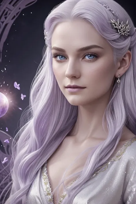 Create a house of the dragon character, A pale white silvery hair, eyes as bright a lilac, face that is made with a midas touch, let her have the aura as a formidable princess 