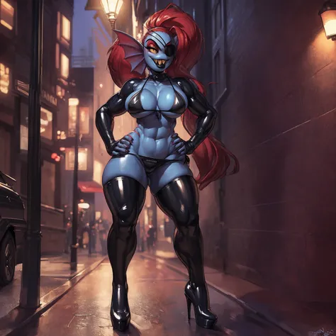 solo, 1girl, undyne, blue skin, female, (big bottom lip:1.3), (black lip gloss:1.3), black leather collar, blue eyeshadow, (black latex bikini top:1.6), (black latex miniskirt:1.4), (nipple outline:0.7), (black heels:1.4), (street corner:1.4), hands on hip...