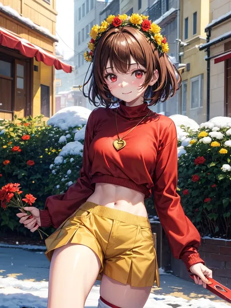 Anime, 1girl, brown hair, short hair, red eyes, green sweater, white shirt, brown shorts, red shoes, black tights, red knife, yellow flower crown, golden heart locket, slight smile, snow, snowflakes, 