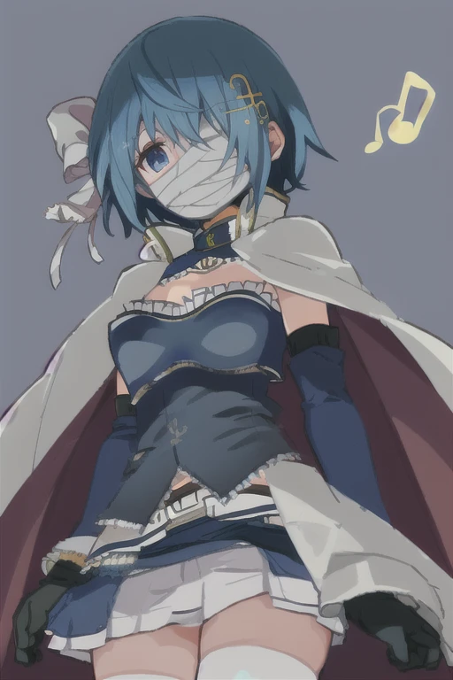 masterpiece, best quality, 1girl,
char_walpurgis_no_kaiten_sayaka_lora,looking at viewer, 
(miki sayaka:1.2),
short hair, blue eyes, hair ornament, bow, blue hair, hair bow, hairclip, white bow, musical note hair ornament,
one eye covered, breastplate, blu...