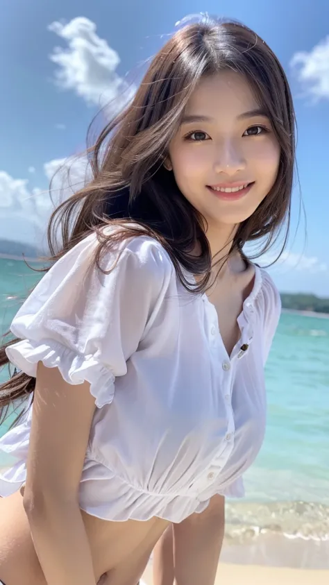 Tabletop、(Highest quality、4K、8K、High resolution、Masterpiece: 1.2)、Super detailed、(Real、Photorealistic、Photorealistic: 1.37)、Full Body Shot、Complex and beautiful eyes、woman、long hair、Natural color lip、whiteＴshirt、Bold and sexy pose、smile、Ocean、20 year old g...