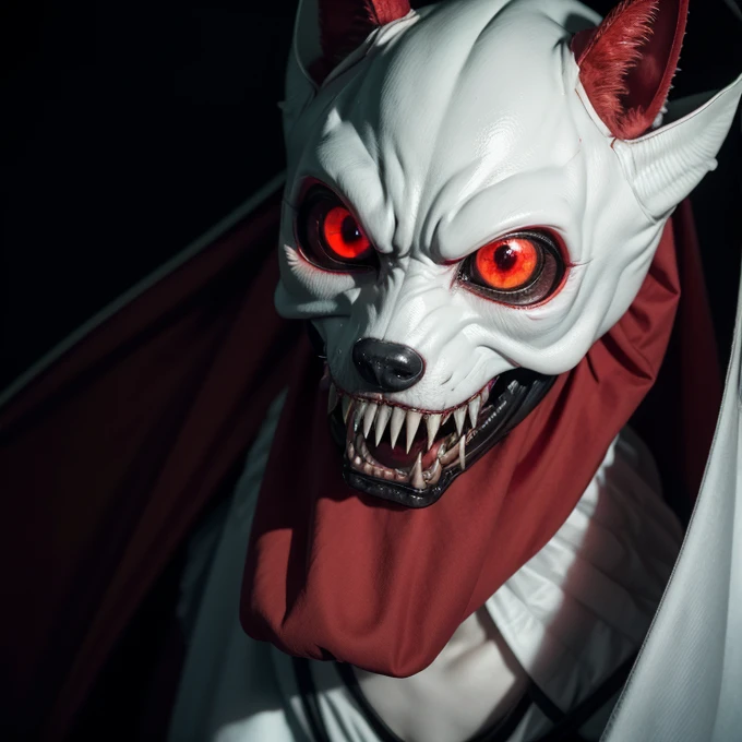 Animatronic, red glowing eyes, sharp teeth, white mask, creepy smile, big claws, wearing a black cape