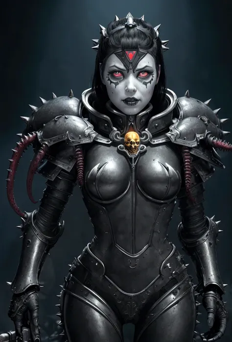 a gorgeous adepta sororitas from the movie tron, glowing skull armor, spikes, teeth, monster, dirty tentacles, pus pimples, crac...