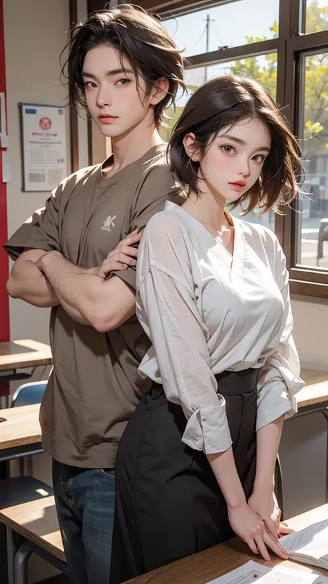 Please create an image of a college couple. The man has short hair and looks masculine, while the woman is a  Japanese woman with slightly lighter brown hair. The background is a university classroom