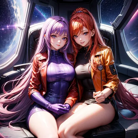 A young sexy woman with long purple hair and sexy clothes sits in a spaceship seat、A beautiful starry sky can be seen from the window.。smile，Orange hair color，Latest Fashion，Too beautiful girl，leather jacket，Future Fashion，Angel girl，Pink Hair，Horny girl