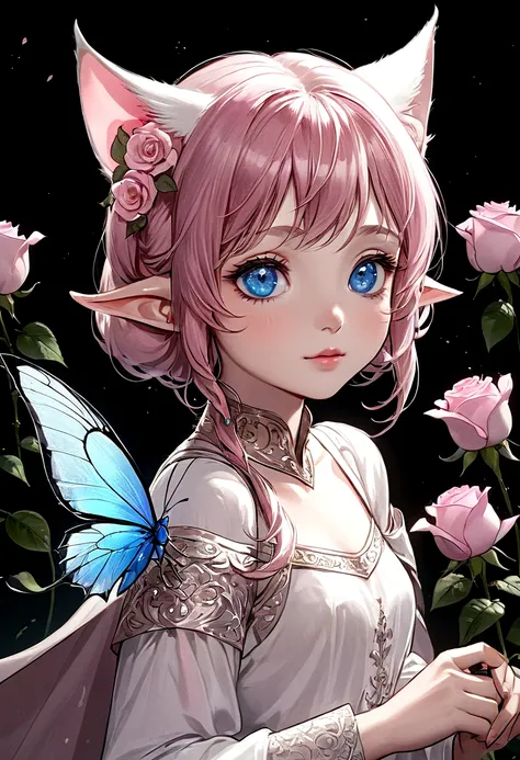 solo, looking at audience, blue eyes, flower, elf transparent wings, head tilt, no humans, little rose, animal, kitten, pink flower, realistic, animal focus, pink rose, whiskers