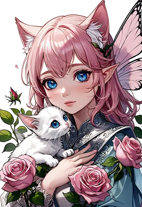 solo, looking at audience, blue eyes, flower, elf transparent wings, head tilt, no humans, little rose, animal, kitten, pink flower, realistic, animal focus, pink rose, whiskers