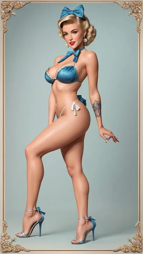 Detailed and realistic representations of Cinderella, radiating a distinctive pin-up style. Very sexy. Sparkling blue bow bikini, stiletto heel sandals, their looks reflect a traditional style, ensuring they are instantly recognizable as their respective c...